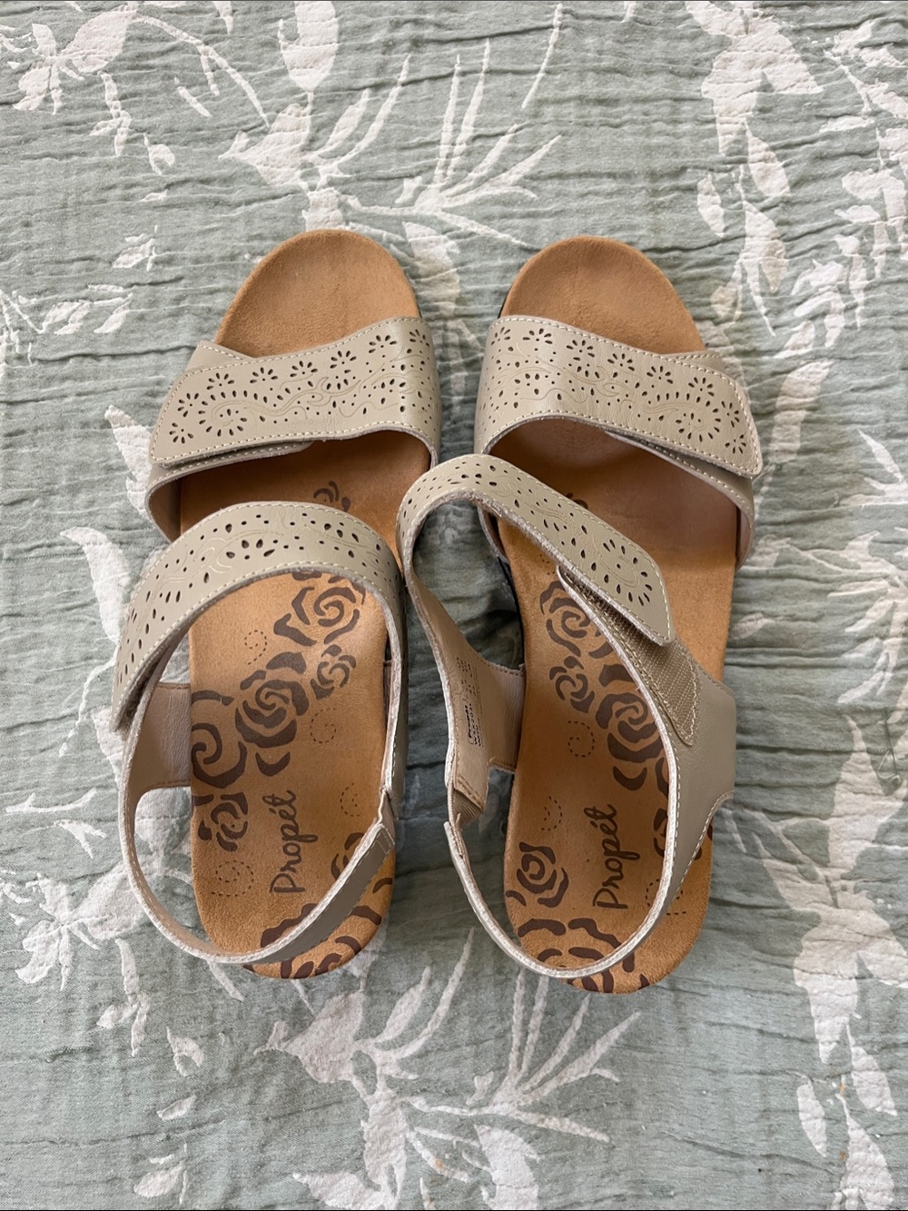 Propet Taupe Perforated Adjustable Strap Sandals